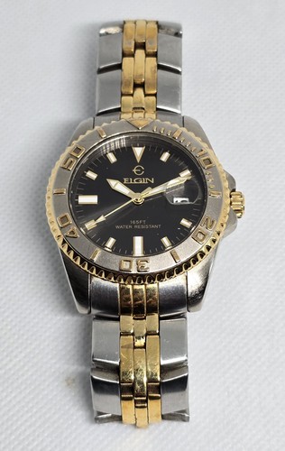 Reloj pulsera Elgin redondo de dos tonos dorado plata esfera negra fecha para hombre 08 - Imagen 6 de 9