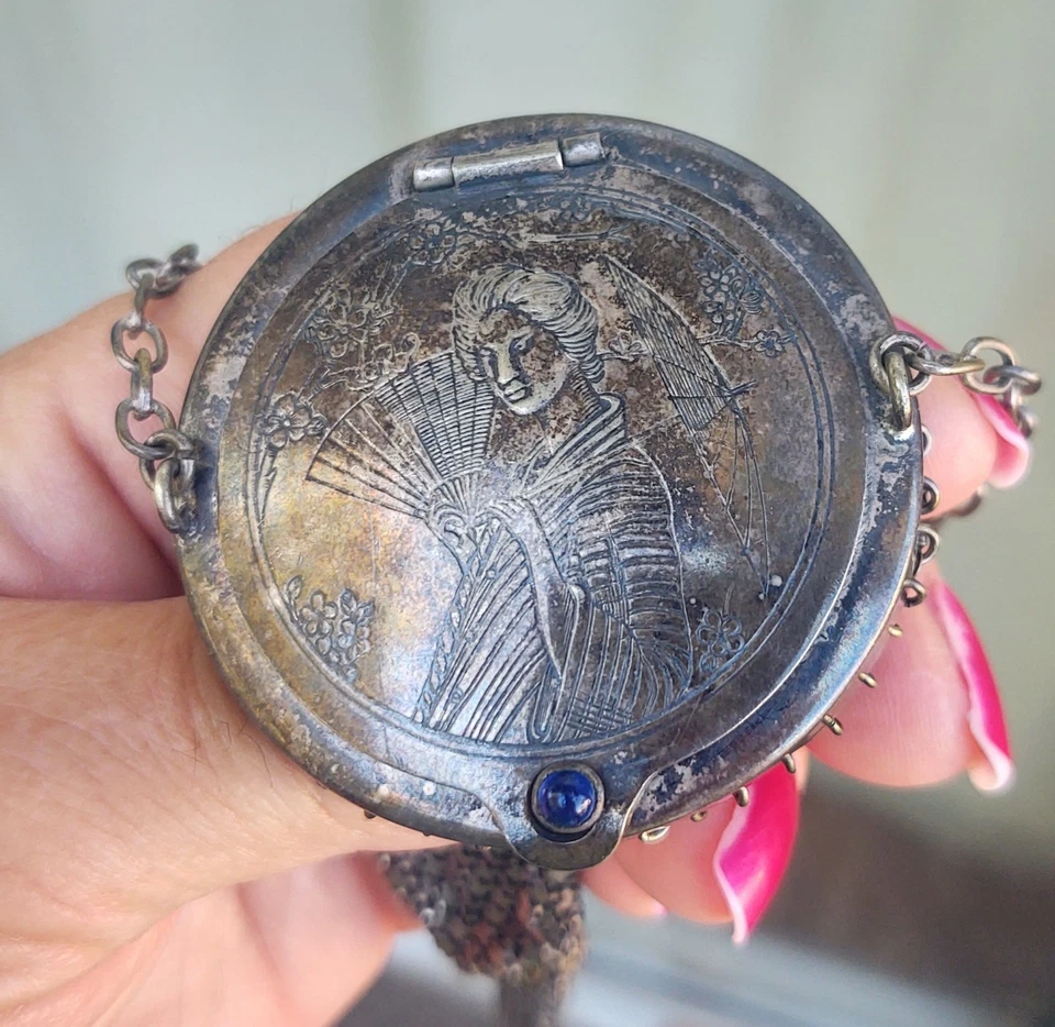 ANTIGUA PULSERA DE MALLA ARMADURA MANDALAIN de 1920 con cabachón de zafiro de cristal Foto 3 de 4