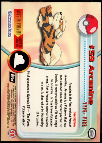 1999 topps Pokemon TV Animation Edition Series 1 Holo Foil #59 Arcanine - Picture 2 of 2