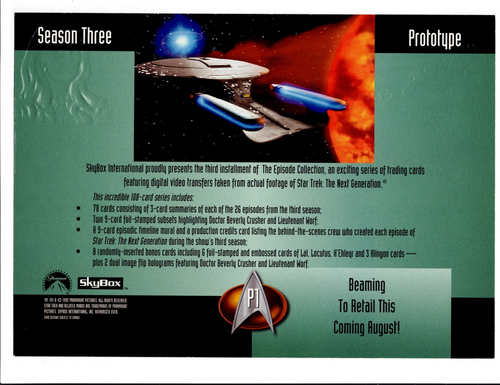 Tarjeta coleccionable Star Trek TNG 1995 próxima generación tercera temporada sin cortar hoja promocional - Imagen 2 de 2
