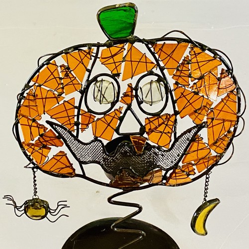 Mosaico Vetro Colorato Halloween Zucca Jack O Lanterna Portacandele Luna Ragno - Foto 2 di 14
