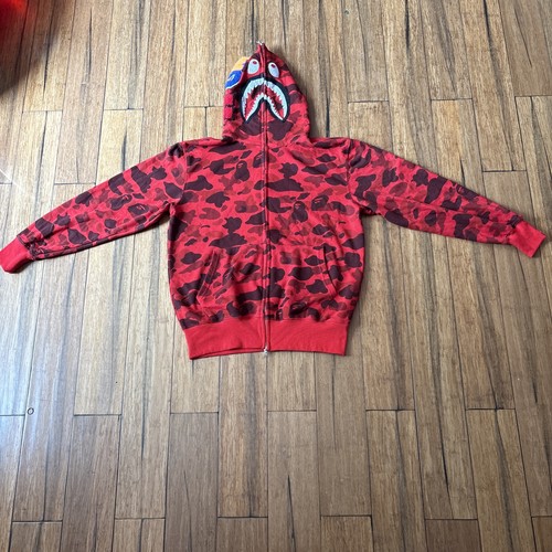 Sudadera con Capucha A Bathing Ape (BAPE) Tiburón Cremallera Frontal Manga Larga Algodón Rojo Para Hombre Mediana - Imagen 18 de 21