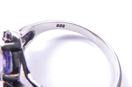 Anillo de tanzanita tres piedras plata de ley 925 detalles circonita cúbica 2,7 g - Imagen 8 de 9