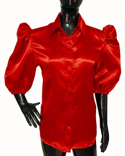 Women Satin Puff 3/4 Short Sleeve Blouse Button Down Shirt Casual Work Wear Top - Picture 25 of 37