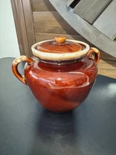 Vintage USA Pottery Brown Drip Glaze Lidded Sugar Bowl Jar 1242 Two Handles