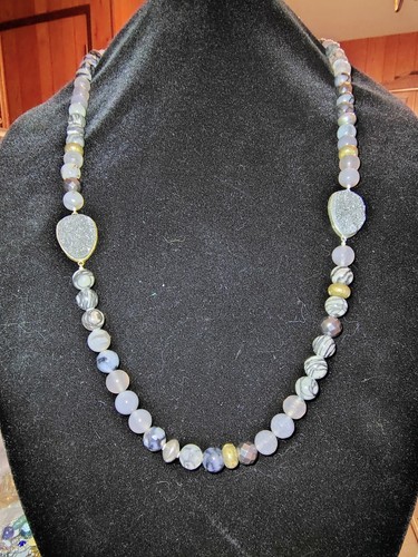 Silpada Agate & Jasper Bead Necklace w/ Druzy Quartz Drops Sterling Clasp 15.5"