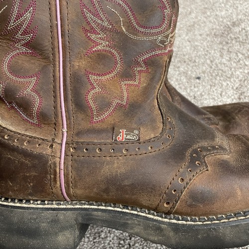 Justin Gypsy Cowboy Boots Brown Leather Pink Workwear L9903 Women's Size 9.5 B - Picture 2 of 7