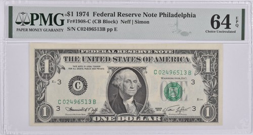 PMG Choice Unc 64 EPQ $1 1974 Philadelphia PA US Federal Reserve Fr#1908-C *7112