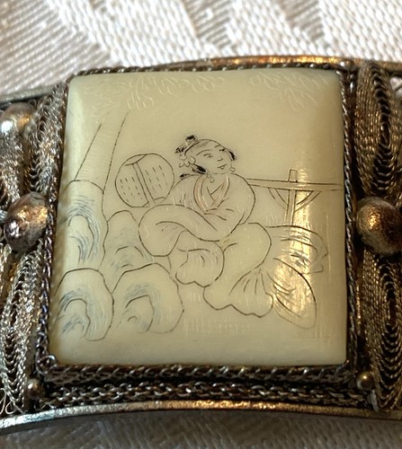 Antique Chinese Filigree Carved White Jade Panel Bracelet - Picture 8 of 14
