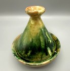Vintage Tagine Pot Handcrafted Ceramic Wi/Green Beige Glaze Moroccan TerraCotta