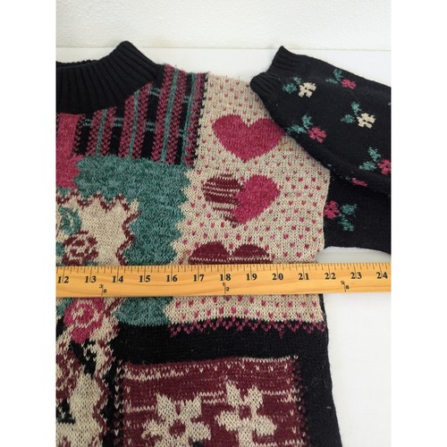 Vintage 90s Dana Scott Patchwork Knit Grandma Sweater Floral Heart Pullover Large - Bild 6 von 7