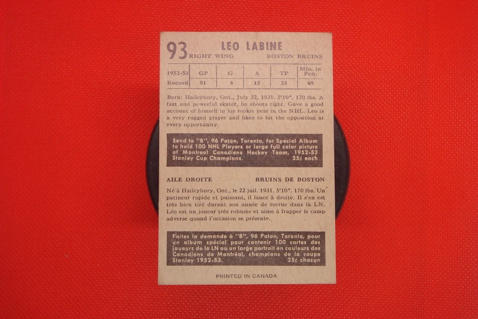 1953-54 Parkhurst Hockey Card Fleming Mackell #91  Boston Bruins - Image 4 of 4