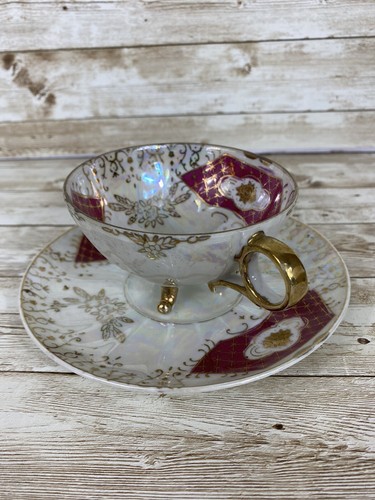 Tazza da tè e piattino vintage Lustreware Giappone con piedi oro bordeaux - Foto 4 di 15