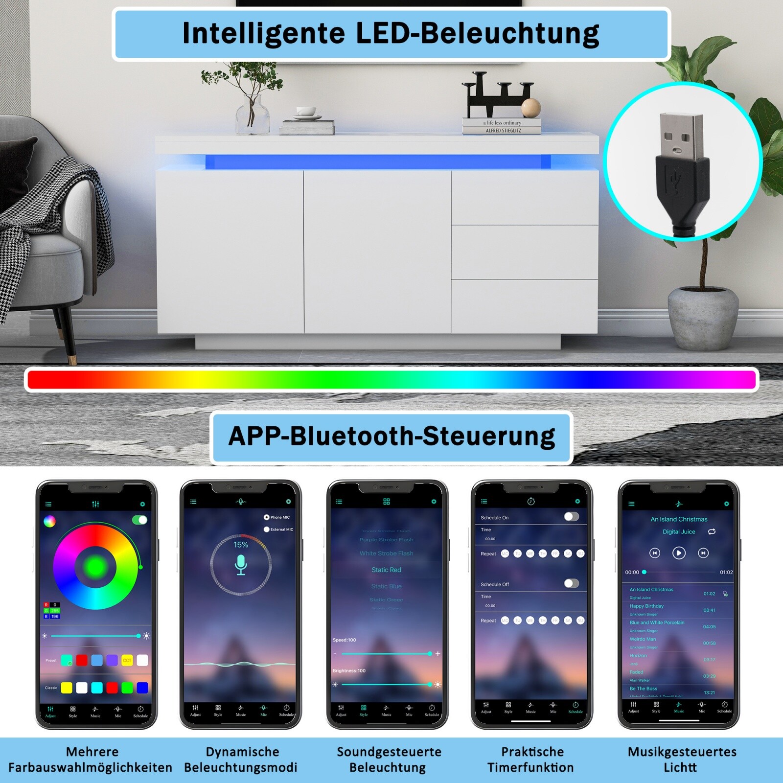 Sideboard Kommode Mit LED-Licht Highboard TV-Board Schrank Fernsehschrank Weiß
