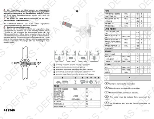 Engine Heater Element DEFA 411346 for FORD P 100 2.0 Taurus 3.0 Aerostar 3.0 - Picture 7 of 7