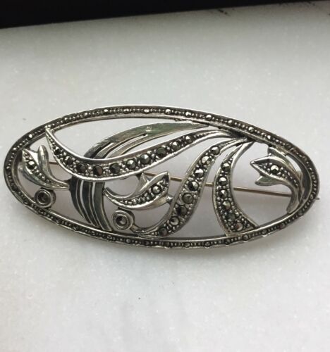 "Broche grande ovalado antiguo Art Deco de ley y marcasita Floriforme 3""x1""" - Imagen 1 de 6