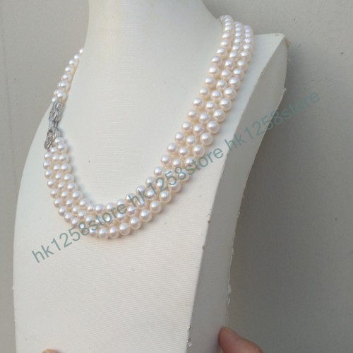 Classic 3Rows Strand 6-7mm Round AAA+Akoya White Real Pearl Necklace 17" 18" 19" - Picture 5 of 6