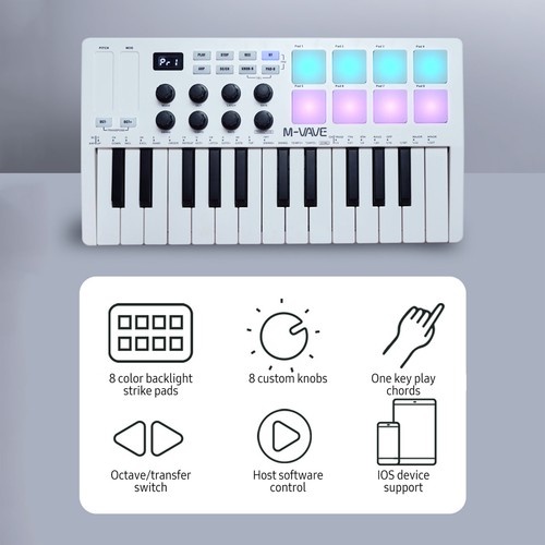 M-WAVE 25 Key USB MIDI Keyboard Controller with 8 Backlit Drum Pads White B5R4 - Picture 4 of 12