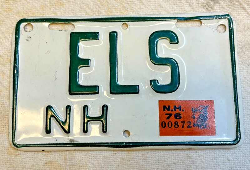 1976 New Hampshire Personalized Motorcycle License Plate NH ELS MC Tag