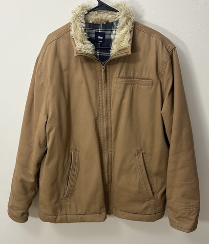 Vntg GAP Chore Coat Faux Fur Collar Fleece Plaid Lined Men’s Size Medium - Picture 3 of 8