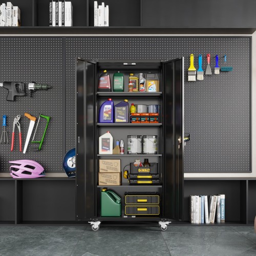 AOBABO 72" Metal Storage Cabinet Garage Tool Storage Cabinets w/ pegboard Wheels - Picture 3 of 36