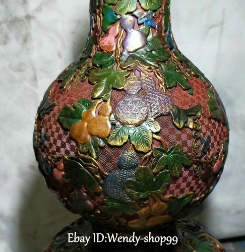 25" Old China Wood Lacquerware Gourd Calabash Cucurbit Grape Pot Pair Statue - Picture 7 of 9