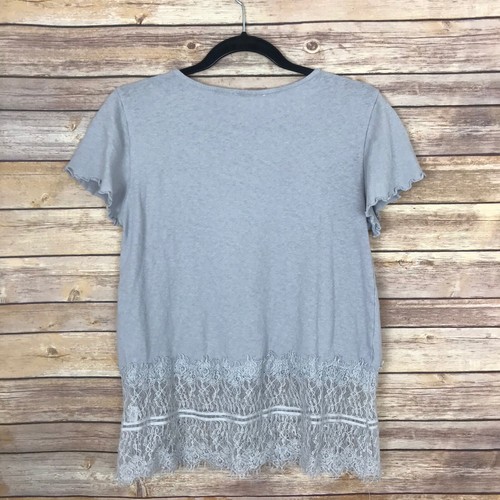 Deletta Top Womens XS Gray Lace Trim T-Shirt Linen Blend Short Sleeve Raw Hem - Picture 5 of 5