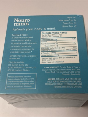 Neuro Mints L-theanine B-12 Nootropics Caffeine 54 pcs Boost Energy & Focus NEW - Picture 4 of 4