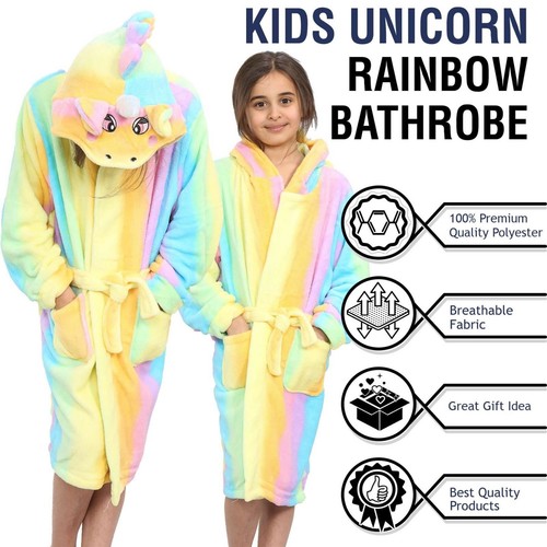 Girls Unicorn 3D Animal Rainbow Bathrobe Dressing Gown Fleece Night Loungewear - Picture 6 of 7