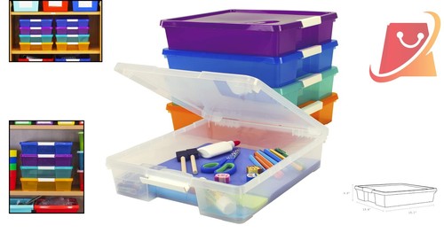 Plastic Storage Box 15.25x13.25x3.25in Stackable 5-Pack for Arts & Crafts - Picture 2 of 12