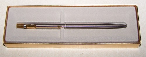VINTAGE PARKER UK  CHROMIUM W/ GOLD TRIM  BALLPOINT PEN IN BOX  BLUE INK   WORKS - Picture 1 of 6