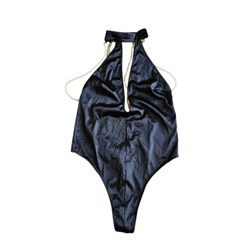 Beach bunny Rare Sz S/M black chains back satin feel bodysuit - Picture 2 of 5