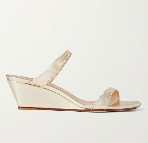 Stuart Weitzman Women's Aleena Square Toe Wedge Slide Sandals in Gold 6 - Picture 2 of 15