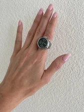 Ring Watch Quartz Women's Silver Stretch Band with Black Dial- New