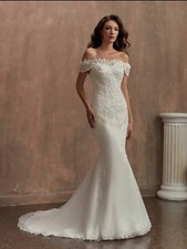 UK Off Shoulder Mermaid Beaded Lace Beach Wedding Dresses Size 6-18 White Ivory