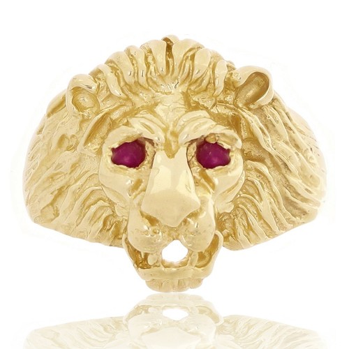 Anillo con cabeza de león de oro amarillo liso 14 K para hombre con ojos de rubí tallas 7-13 - Imagen 8 de 11