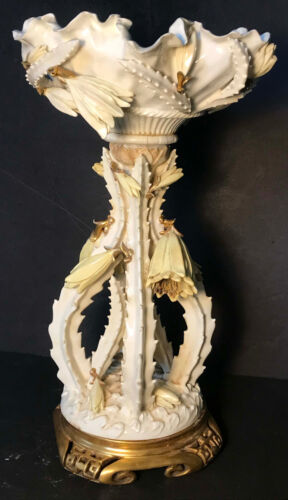 Antique 19c Moore Bros England Porcelain Floral Pedestal Bowl Centerpiece 17x9" - Picture 2 of 13