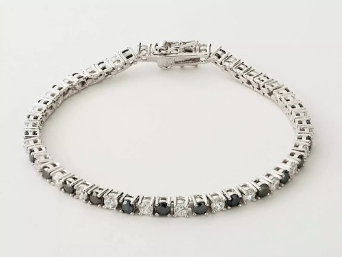 14K White Gold Plated 7Ct Round Lab-Created Black Diamond Tennis Bracelet 7.5"