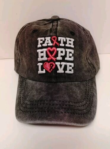 Breast Cancer Awareness Cap Hat Faith Hope Love Charcoal Gray Pink Ribbon Heart
