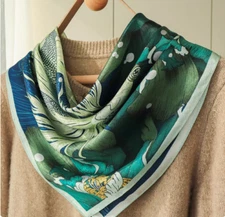 100% Silk 26” large Square Scarf Women neckerchief Wrap floral green blue ZT200