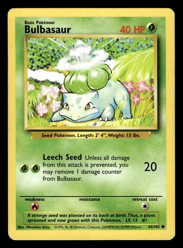Bulbasaur 44/102 Common Starter Base Set Pokemon Card - 1