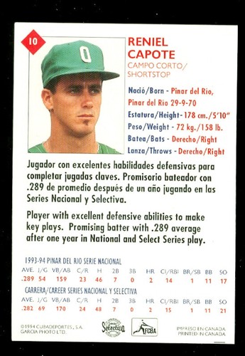 1994 CUBAN LEAGUE # 10 RENIEL CAPOTE MINT 1 OF 5,000 PRINTED 90 CENTS SHIPPING - Picture 2 of 4