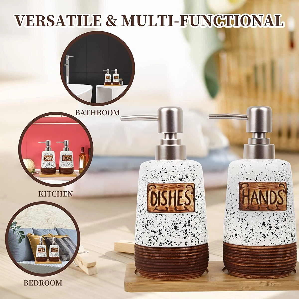 Kitchen Soap Dispenser Set with Tray Ceramic Material Durable White White