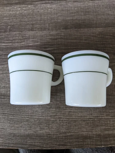 PYREX RESTAURANT WARE DUAL GREEN STRIPE COFFEE MUGS  x 2 VGUC FREE USA SHIP