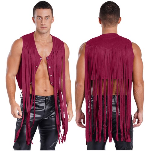 Costume gilet crop uomo capospalla festa top orlo anni 60 cowboy hippie travestimento rave - Foto 31 di 39