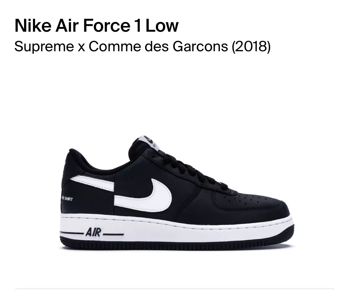 Taille 9   Chemise Nike Air Force 1 Low x Comme des Garçons x Noir Suprême 2018