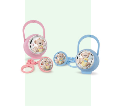 Pinza e portaciuccio bimbo e bimba con placca in argento Gieffe Orso AEGF0620