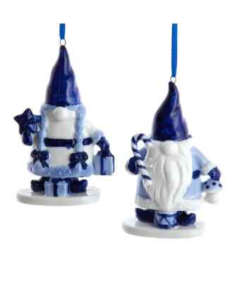 KURT ADLER SET OF 2 PORCELAIN DELFT BLUE GNOME CHRISTMAS ORNAMENTS J7793