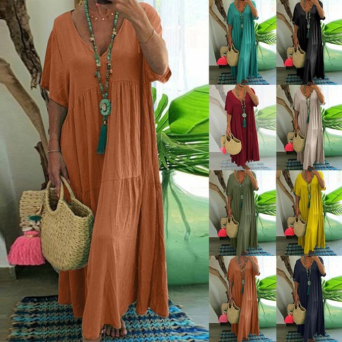 V Casual Long Neck Locker PLUS Kleider GRÖSSE Kaftan Damen Sommer Urlaub Kleid ` - Bild 16 von 25