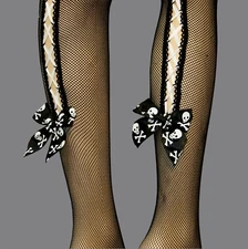 HARDCORE WHITE LACE UP CORSET  BACK FISHNET  TIGHTS WHITE SKULL SATIN BOW